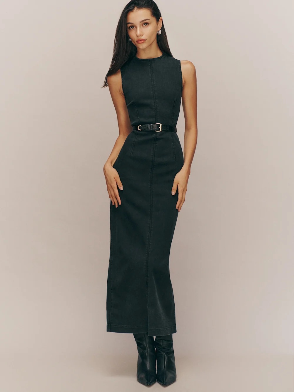 NEW Reformation Kendi Denim Midi Dress In Washed Black Size 12